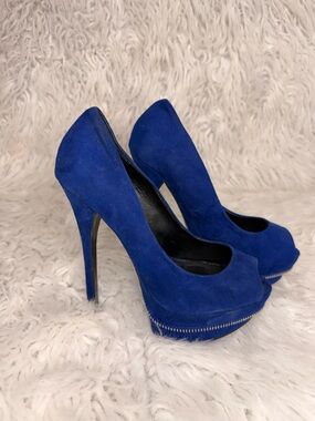Blue Suede Peep-Toe Platform Pumps